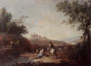 Giuseppe Zais An italianate landscape with fishermen and travellers resting beside a pool oil on canvas